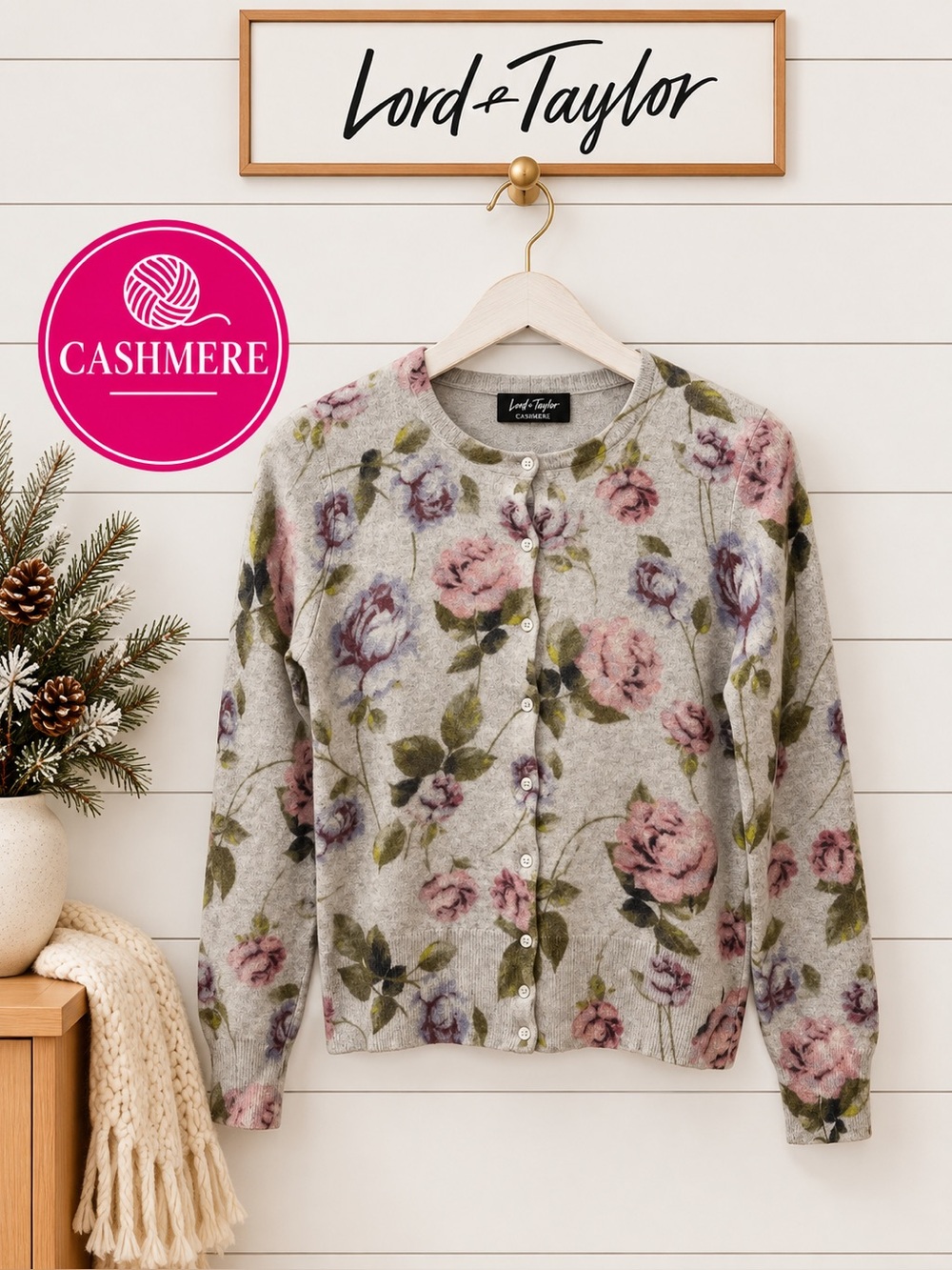 Lord & Taylor Floral Cashmere Cardigan – Size L